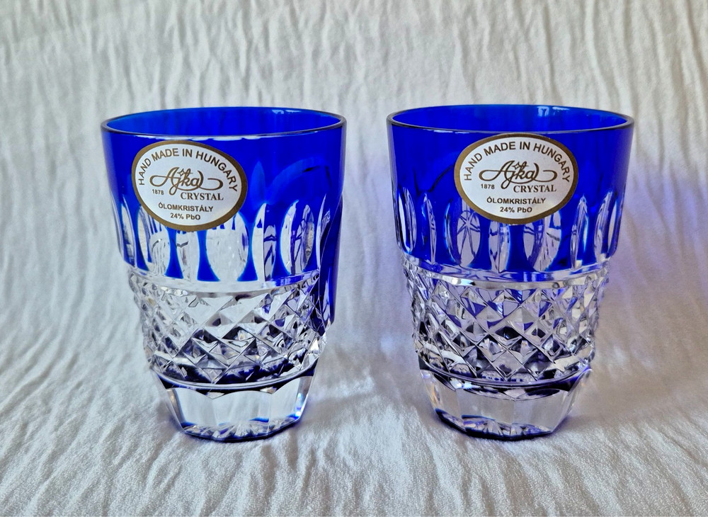 AJKA CHRISTMAS COBALT BLUE LEAD CRYSTAL VODKA SHOT GLASS, SET OF 2, MARKED