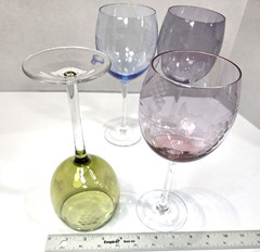 Set of 4 Jewel Tone Etched Wine Glasses Grapes & Vine Pattern Blue Green Purple