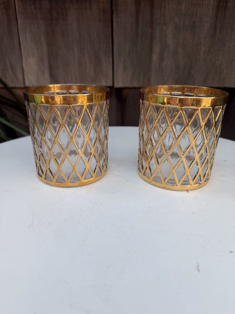 Vtg MCM Set 2 Glasses Sekai Ichi Gold By Imperial Glass Old Fashioned Tumbler