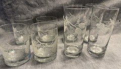 Libbey Vintage Etched Pinecone Glass Set Of 4 Ea DOF & Highball EUC