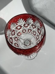Vintage Ruby Red Cut Crystal Wine Glass Star & Fan Pattern Faceted Goblet 8”