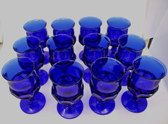 Indiana Glass Cobalt Blue Kings Crown Thumbprint Goblets Set of 12 Vintage Stem