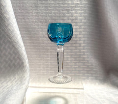 BEYER/BAYEL VINEYARD CORDIAL GLASS AQUAMARINE CUT TO CLEAR CRYSTAL BOHEMIAN