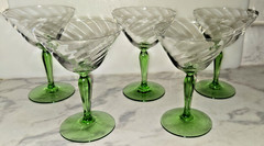 Depression Glass Green Uranium Base/Stem Martini Glasses 5 1/4″ Tall Set of 5