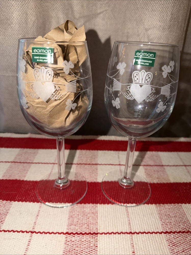 Set Of 6 Eamon Glass Etched Claddagh Shamrocks Wine Glasses Ireland New