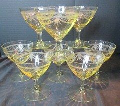 Topaz Yellow 8 Champagne Goblet Delicate Etched Swag Draped Criss Cross Design