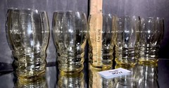 5 Yellow Glass Paneled Ringed Juice Barware Tumblers Vintage MCM