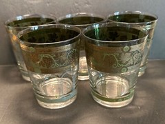 5 VINTAGE CERA CORA GOLDEN GRAPES GREEN DRINKING OLD FASHION WHISKEY GLASSES MCM