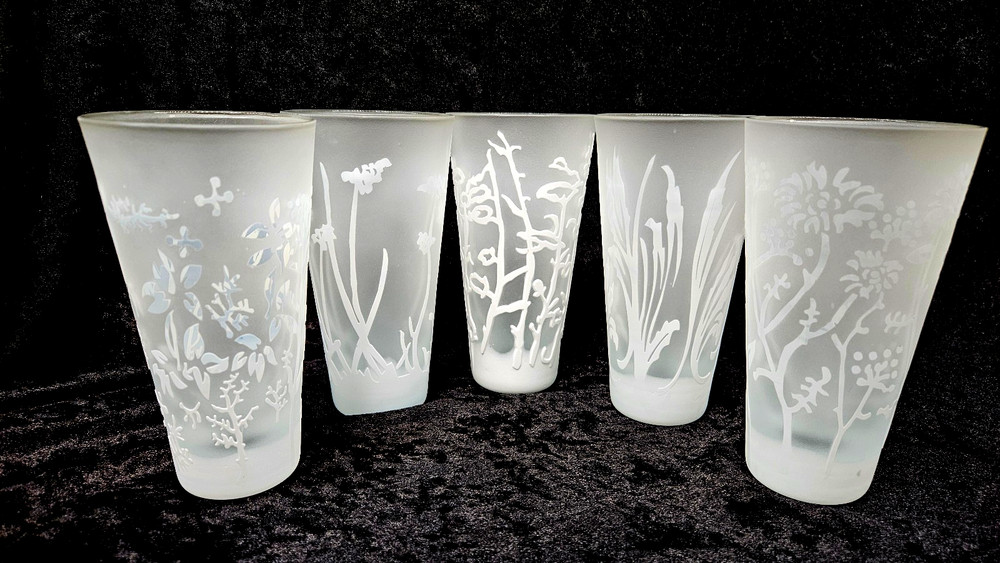 Frosted Water Glass with etched floral designs 5 in set all different unmarked