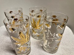 Vintage Hollywood Regency Gold and White Leaf Highball Glasses MCM Bar ware 