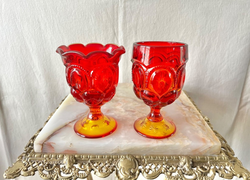 Vintage L.E. Smith Moon & Stars Ruby Red Amberina Goblets Set of 2 UV Glow