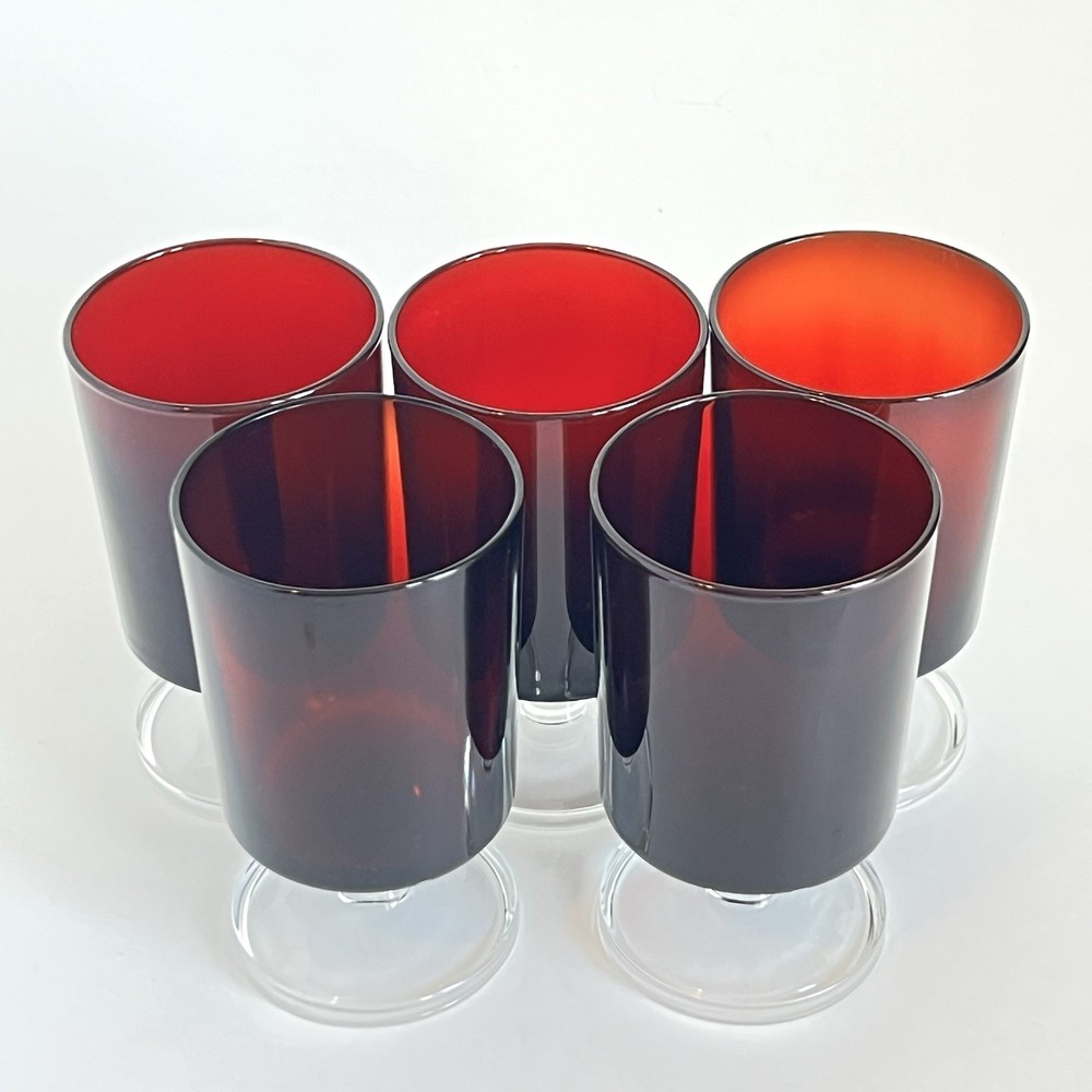 Ruby Red Luminarc With Clear Stem Set Of 5 Wine Juice Glass 4.5” Tall