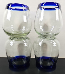 (4) Pier 1 Cobalt Rim Stemless Wine Glasses Set Clear Mexican Hand Blown Art Lot