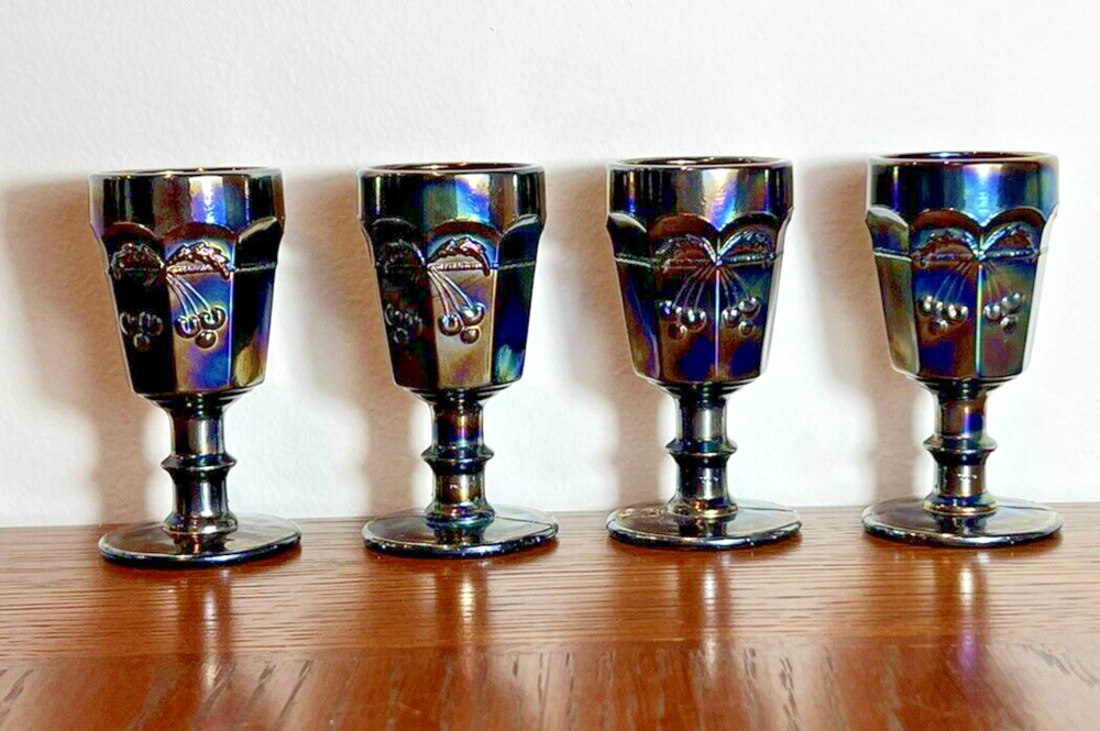 Mosser Amethyst Carnival Glass Cherry and Cable Stemmed Cordial Glasses Set of 4