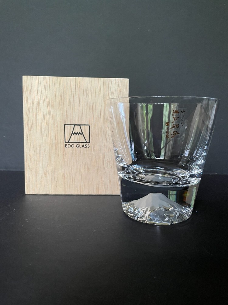 Edo Glass Mt. Fuji Glass, original Wooden Box, Beautiful and Perfect Condition 