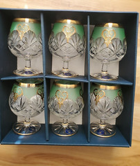 Vintage Czech Bohemian 6 Glass set Hand Cut Green Raised Gold Barware wine Rare