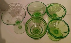 Vintage Misc 5 Green Depression Uranium Glass Stem Ware Glasses *Minor Fleabites