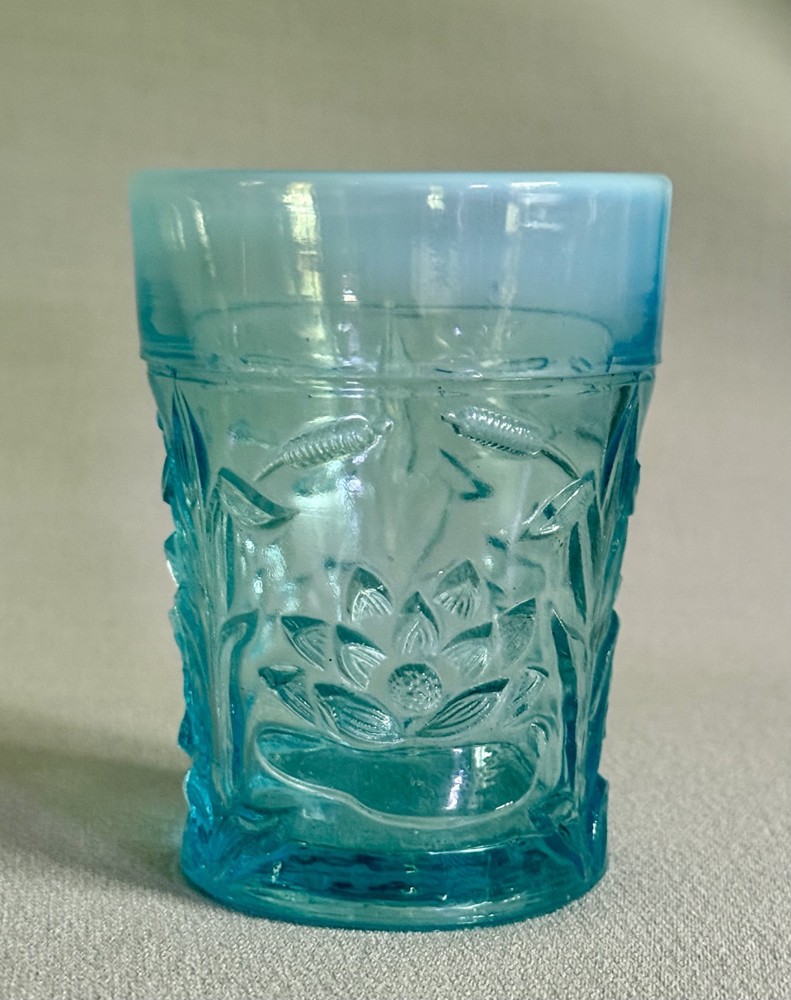 Antique Fenton Blue Opalescent Glass Tumbler ‘Waterlily & Cattail’ Pattern
