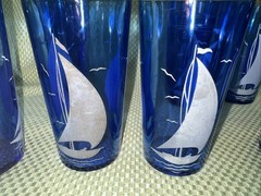 Vintage Hazel Atlas Cobalt Blue Seagulls Sailboat Glass Tumblers (8) 8 Oz 5” Ht