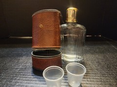 Vintage Glass Flask Brown Leather Case Zippered Lower Half Small Shot Glasses
