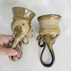 Pottery Orgy Horn Drinking Cup Wine Beer Swirl Handle Herrick His N Her