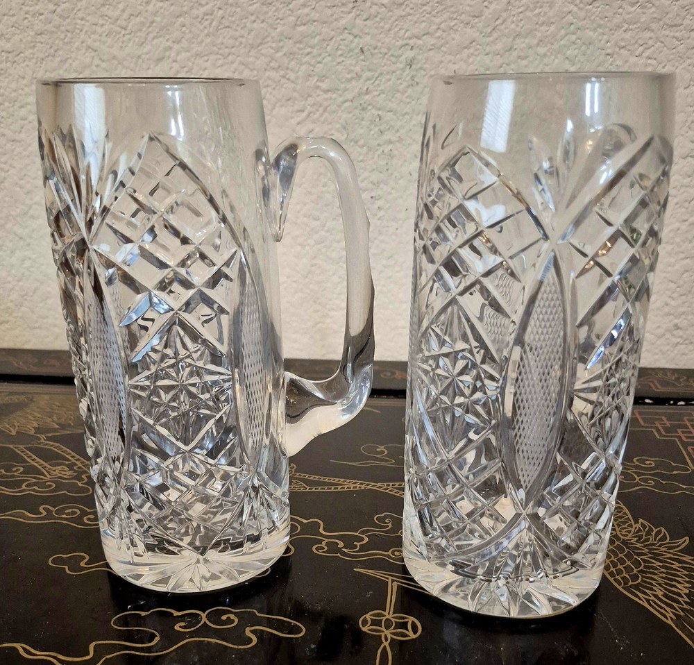 2 Large 7″ Bohemian Crystal Cut Clear Glass Mug Pair Vase Handles 1.75 Lbs Each!