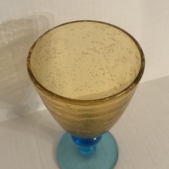 Vtg Bubble Glass Amber Blue Base Goblets Hand Blown Sturdy For Cold Drink 6.5″