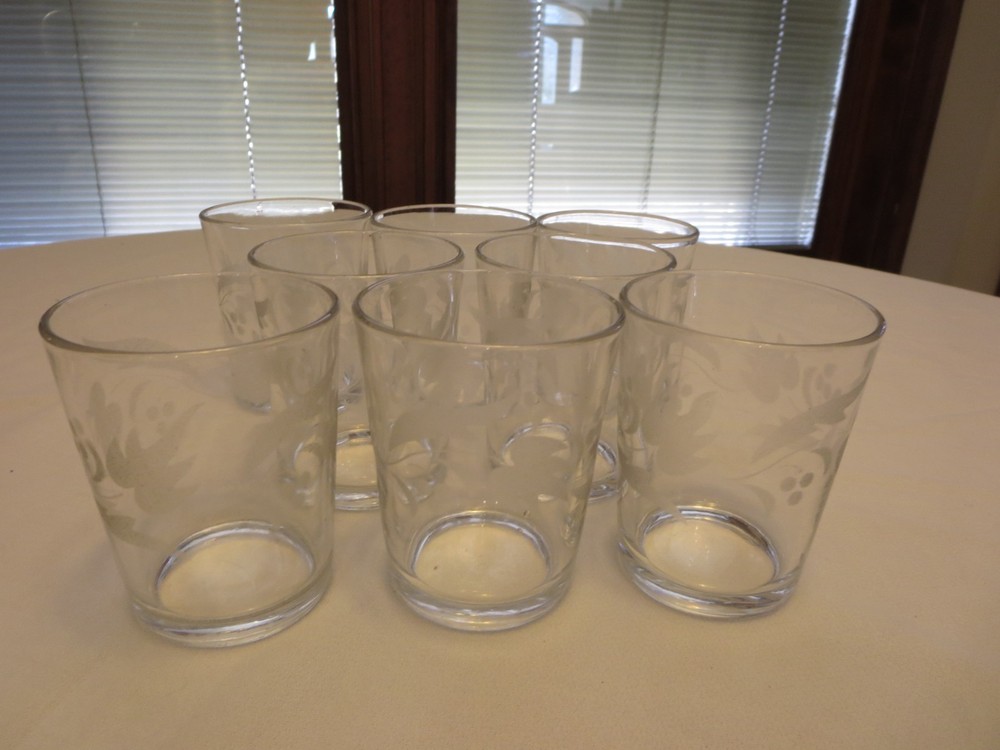 Set of 8 Antique Acid Etched Leaf and Berry Tumblers