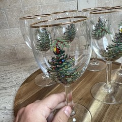 Set of 6~ Spode «Christmas Tree» Gold Trim 7-1/4″ Wine Goblets ~ Mint Condition