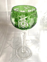 Set of 4 Emerald Hock Wines, 24% Lead Crystal by Ajka Hand Cut, 8″ tall, 7 oz