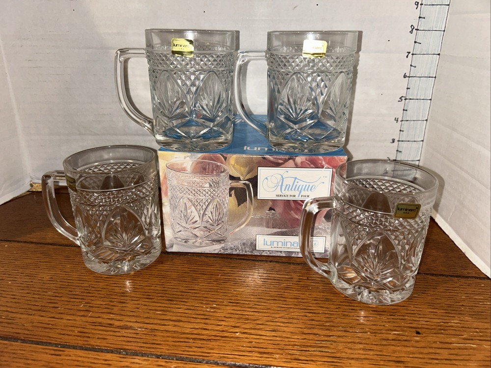 NEW IN BOX 4 Luminarc Antique Clear Durand Glass Mugs NOS