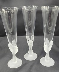 3 Vintage «Wings Clear'» Bird Dove Stem Japan Sasaki Crystal Champagne Flutes