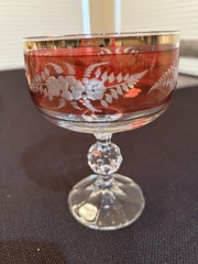 6 Bohemian Ruby Red Cut To Clear Crystal Stem Glasses With Gold Trim