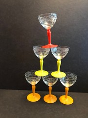 UNIQUE SET OF 6 CORDIALS, CUT CRYSTAL BOWLS, ASSORTED COLORED MILK GLASS STEMS