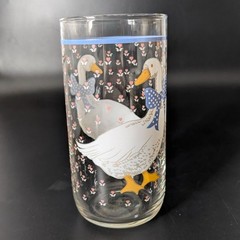 Libbey Country Goose Glass Tumbler Blue Bow Floral Tulips 1980s USA 16oz Vintage