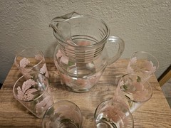 Vintage Glass Tumbler Pink Green Iris Flower MCM 16oz Glasses Set 6 64oz Picher