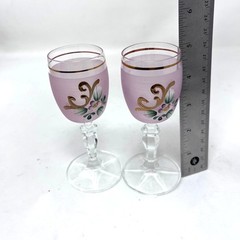 Hand Painted Bohemian Pink Cordial Glasses Set of 2 Gold Trim Flower VTG