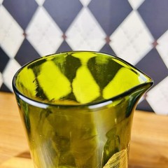 Signed Olive Green Glass Pitcher & 2 Lowball Glasses Gold Leaf MCM Barware Set