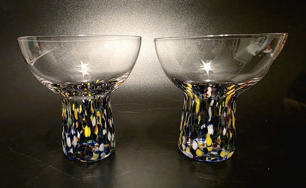 (535) *New 4″ Tall Confetti Stem Art Glass Hand Blown Cocktail Glasses Set Of 2