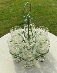 6 Culver Embossed Sculptured Daisy 12 oz Beverage Set W/ Metal Carrier Avocado
