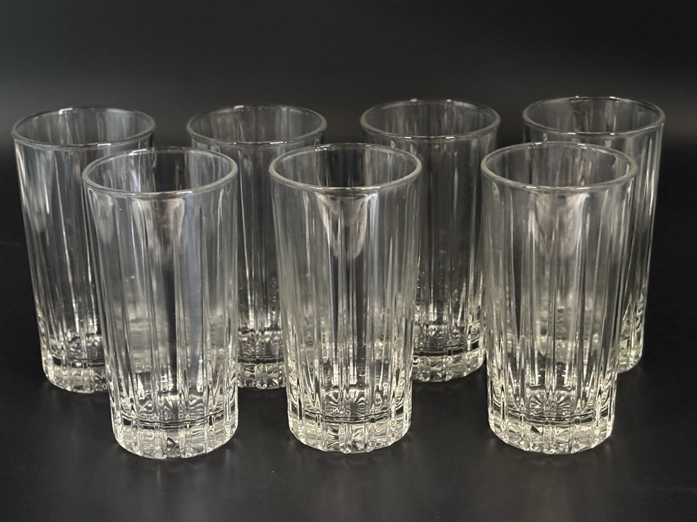 Set of 6 Heavy Cut Lead Crystal Highball Glasses Paneled Tumblers Starburst Base
