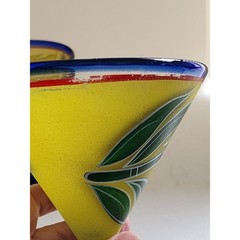 Pair Hand Painted Floral Margarita Glasses Blue Rim Yellow Mexican Style Set 2