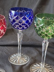 AJKA / Bohemian Cut Glass Crystal Wine Goblets Hocks Blue Red Green Purple Stars