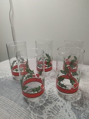Vintage Libbey Glass Holly & Berries Christmas 16 oz. Flat Tumbler Set of 5