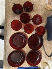Anchor Hocking Bubble Foot Ruby Goblets, Tea Cups, Custard Dish, Red Bowls