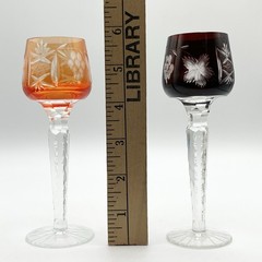 Bohemian Czech Cut to Clear Crystal Cordial Goblets 4 Colors Purple Green Blue