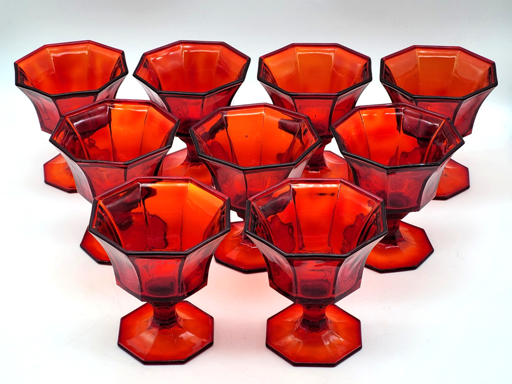 9 Nine Independence Glass Amberina Ruby Red Octagonal Dessert 4″ Sherbet Glasses