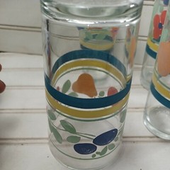 Vintage RARE Gibson Fruit Drinking Glasses Fruit and Floral w/Stripes Set of 4