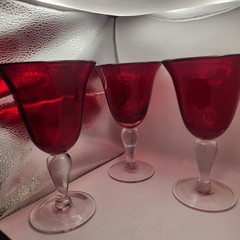Vintage Set 3 Ruby Red Glass Goblets Clear Stems 7.5” Wine Water Glasses