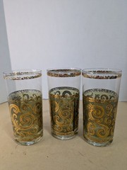 Set Of 3 Culver Toledo Green/22k Gold Highball Tumbler Glasses MCM Vintage Bar